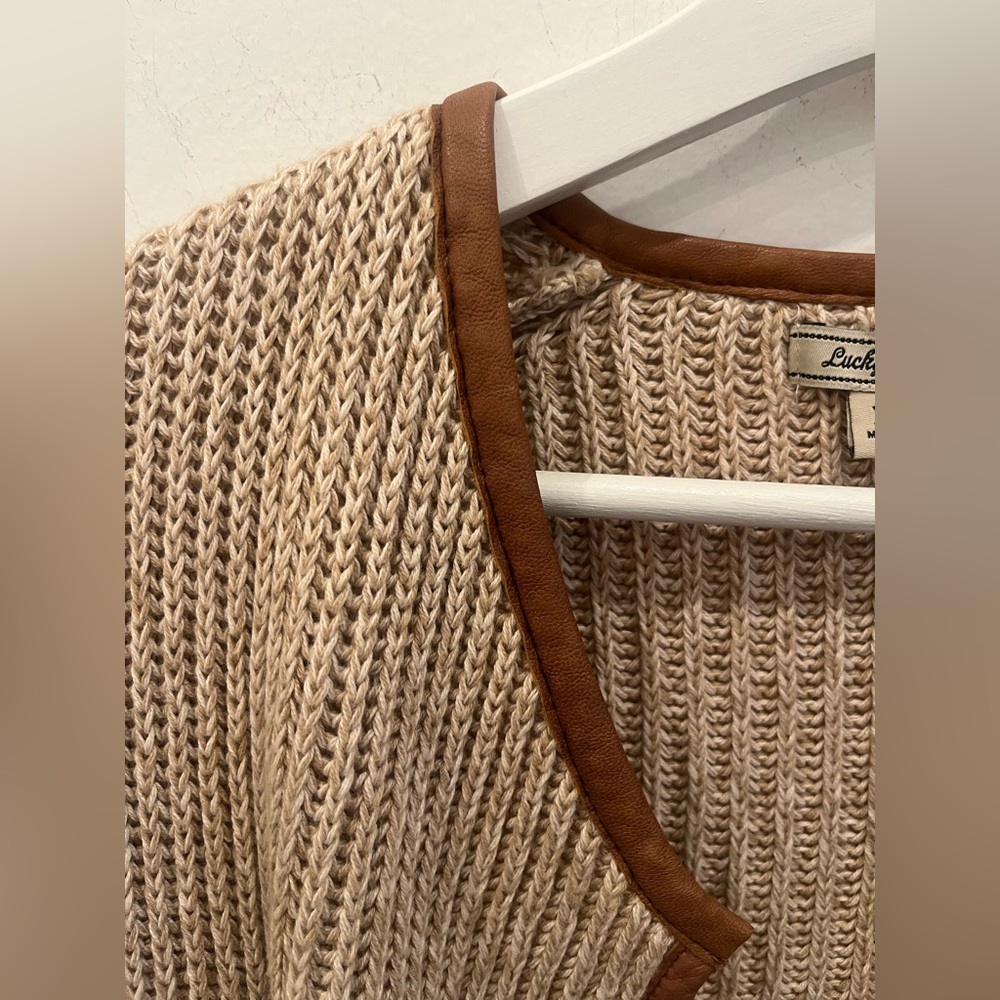 Lucky Brand XS Brown Faux-Leather Trim Cotton Knit Open Front Cardigan earthy - Picture 5 of 9